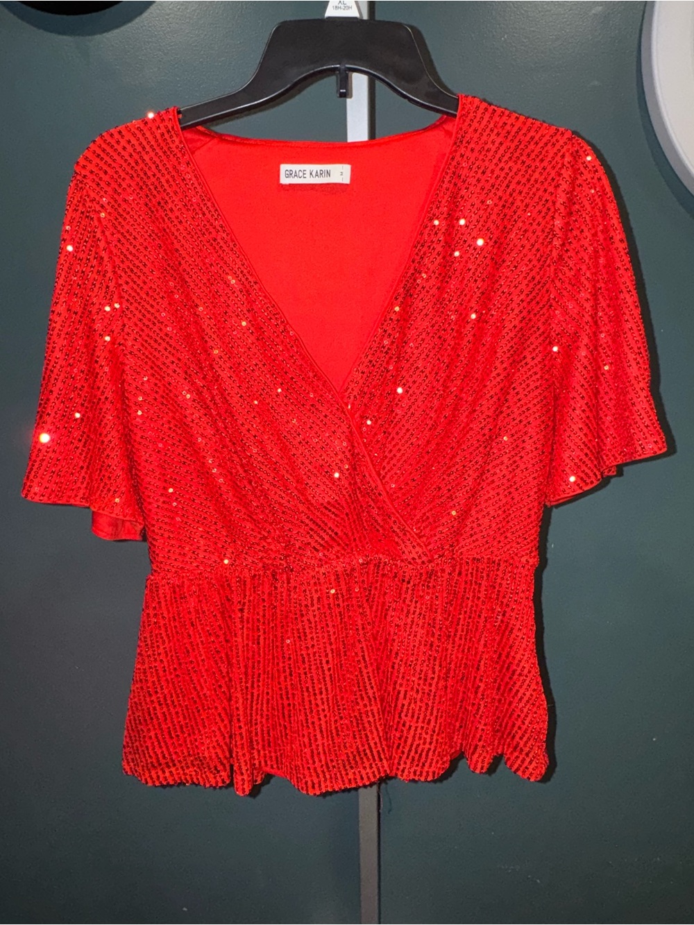 Grace Karin Red Sequin V-Neck Peplum Top